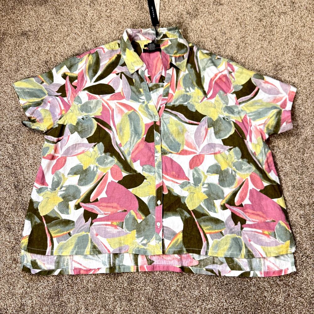 Tahari Linen Button Down Blouse Floral 2X NWT Muted Tropical Beachy Cruise Boxy